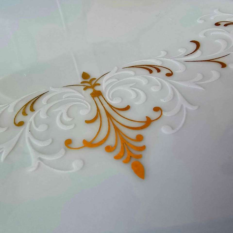 Exquisite 58 Piece Dinner Set in the Courtney Pattern with Gold Trim and White and Gold Scroll