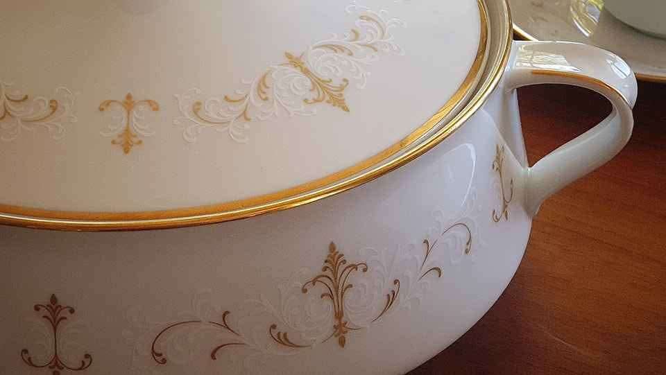Exquisite 58 Piece Dinner Set in the Courtney Pattern with Gold Trim and White and Gold Scroll