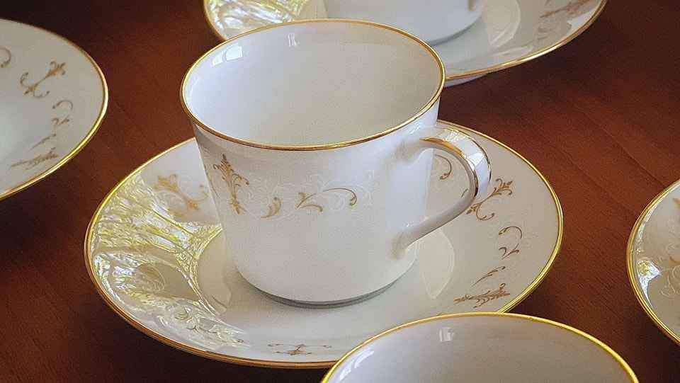 Exquisite 58 Piece Dinner Set in the Courtney Pattern with Gold Trim and White and Gold Scroll