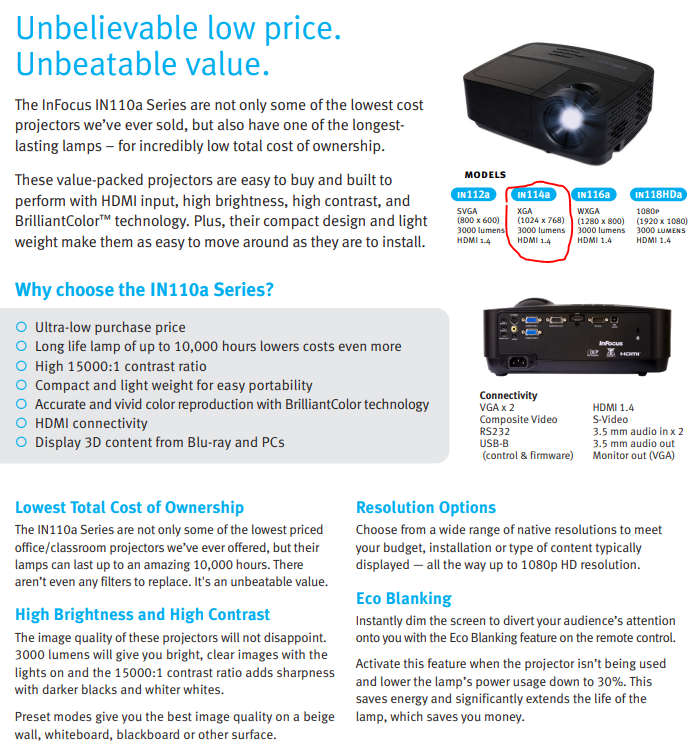 InFocus IN114a XGA Conference Room DLP Projector (NEW)