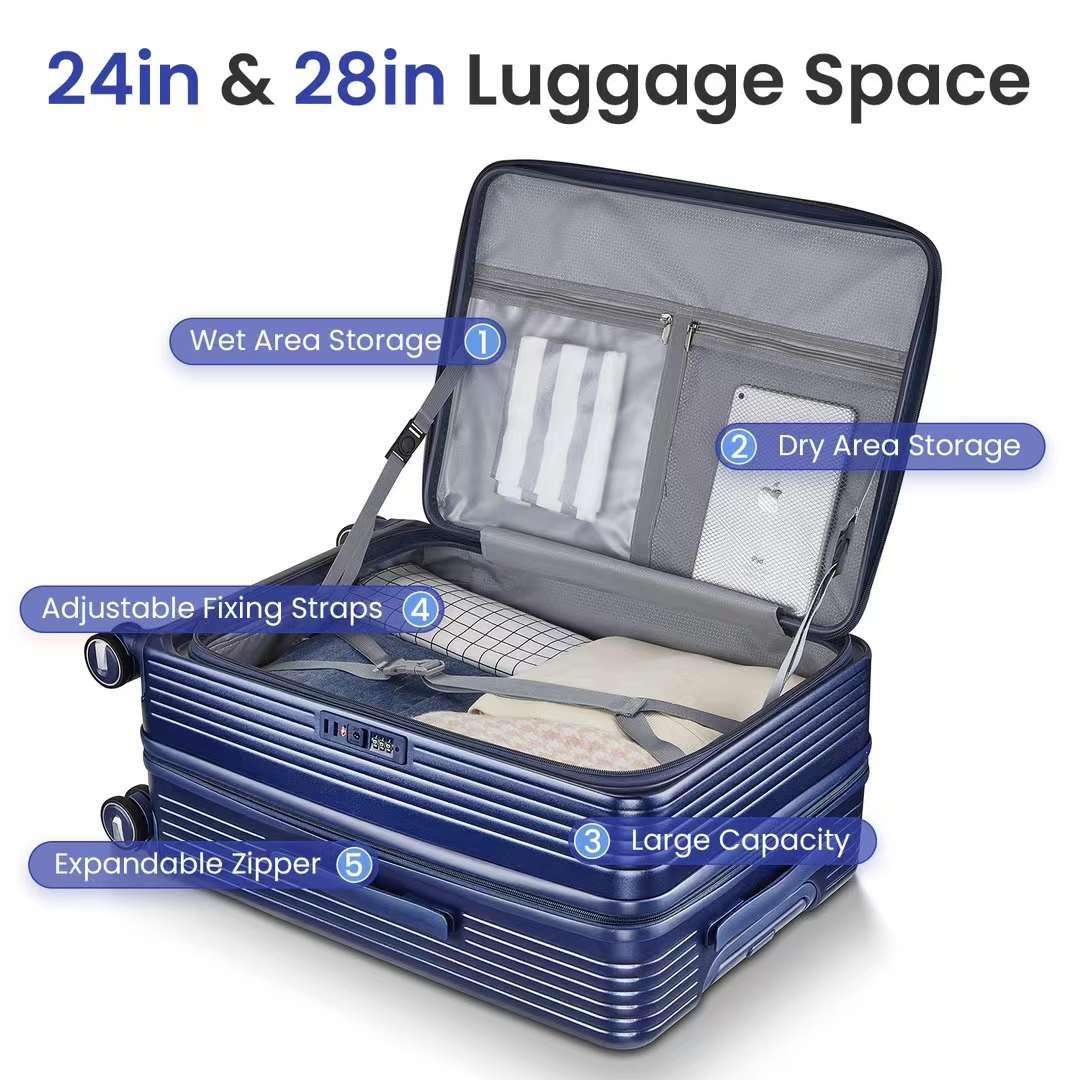 Premium Navy Blue PC Luggage Set - 3 Sizes, TSA Locks, Spinner Wheels, Expandable, Side-Opening