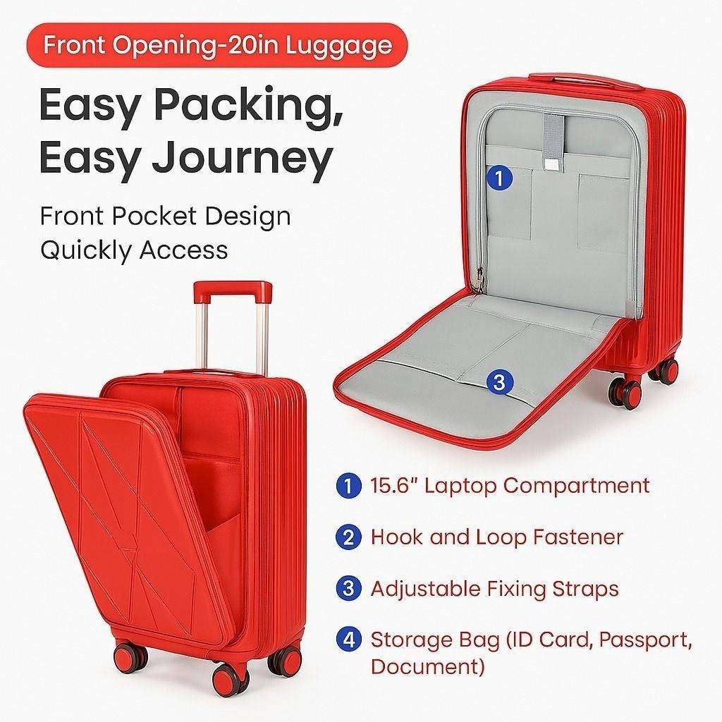 3-Piece Red Polycarbonate Luggage Set with Front-Opening Carry-On & TSA Lock