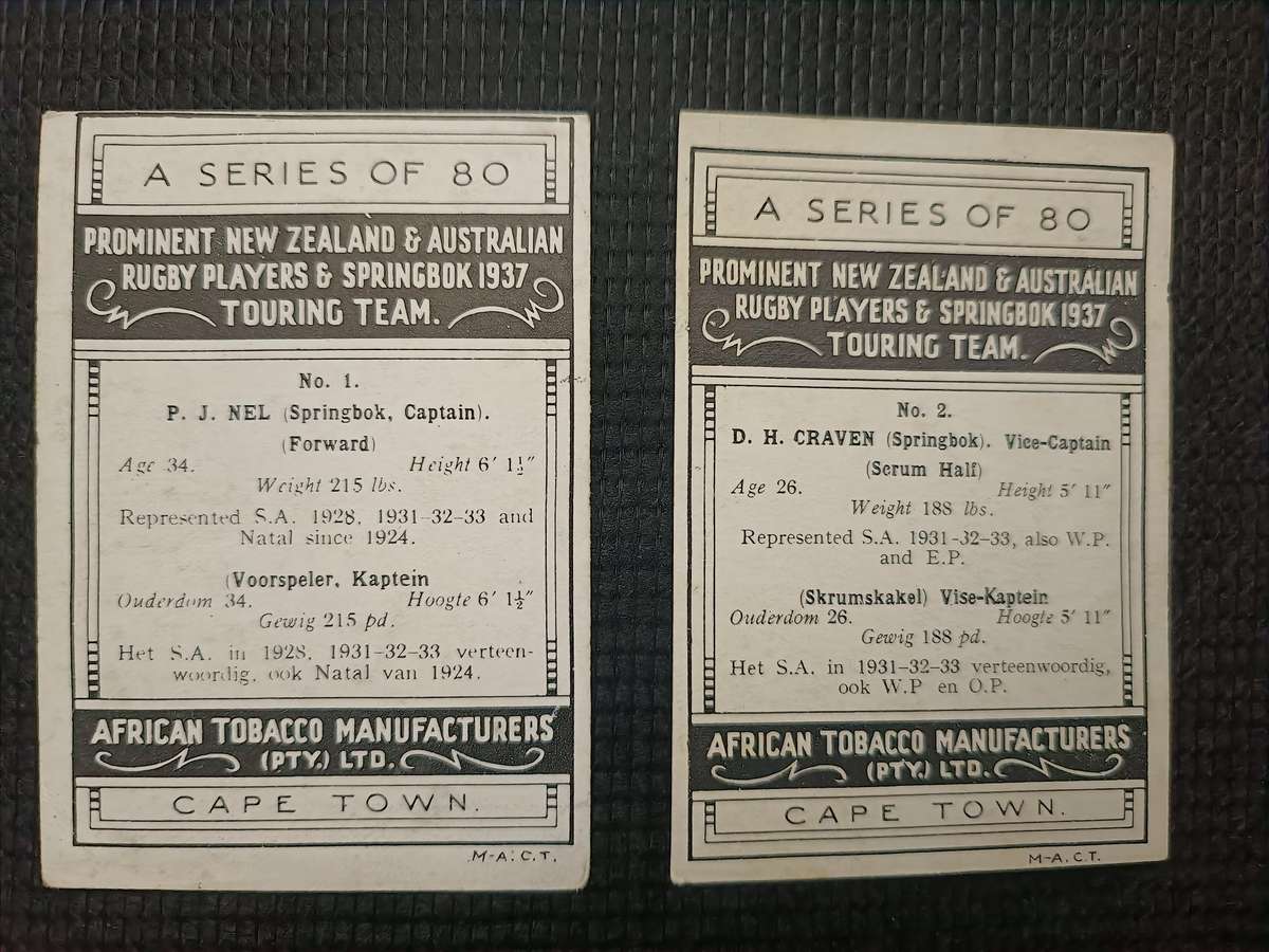 1937 SPRINGBOK RUGBY TOUR CIGARETTE CARDS X 50 - SEE DETAILS