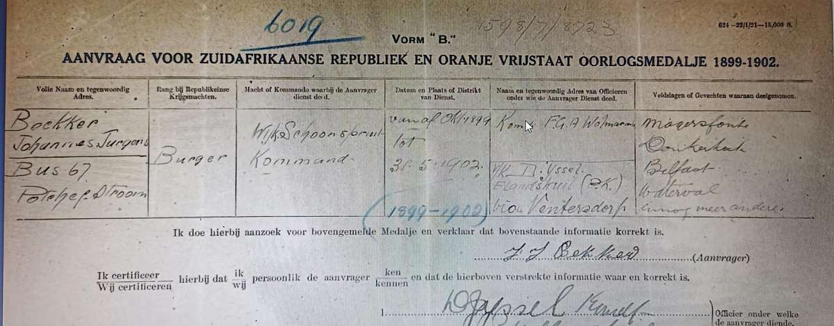 BOER WAR ABO MEDAL - BURGER JJ BEKKER