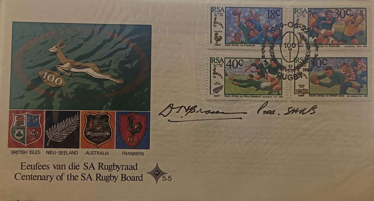 SIGNED RUGBY AND CRICKET FDC X 4 - DANIE CRAVEN , OKEY GEFFIN , HENNIE LE ROUX , GRAEME POLLOCK -