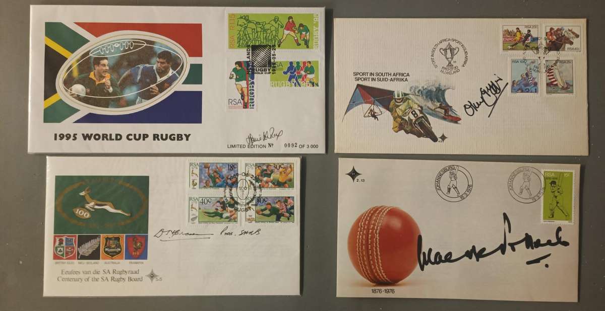 SIGNED RUGBY AND CRICKET FDC X 4 - DANIE CRAVEN , OKEY GEFFIN , HENNIE LE ROUX , GRAEME POLLOCK -