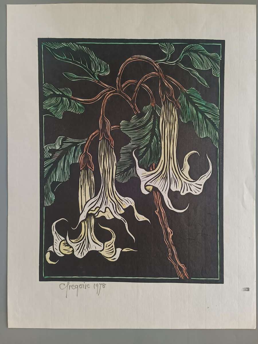 GREGOIR BOONZAIER SIGNED COLOUR LINOCUT MOONFLOWERS - 300 X 230 IMAGE SIZE