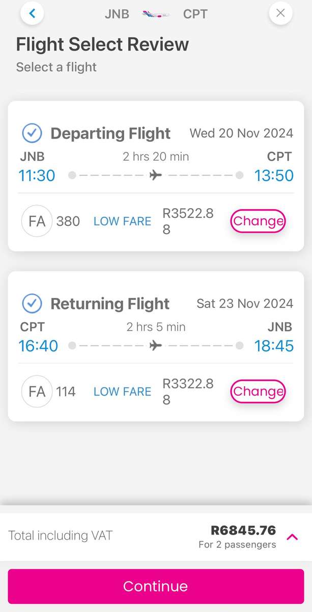 2x Return Flight Tickets from Johannesburg to Capetown 20 Nov 2024 -  23 Nov 2024
