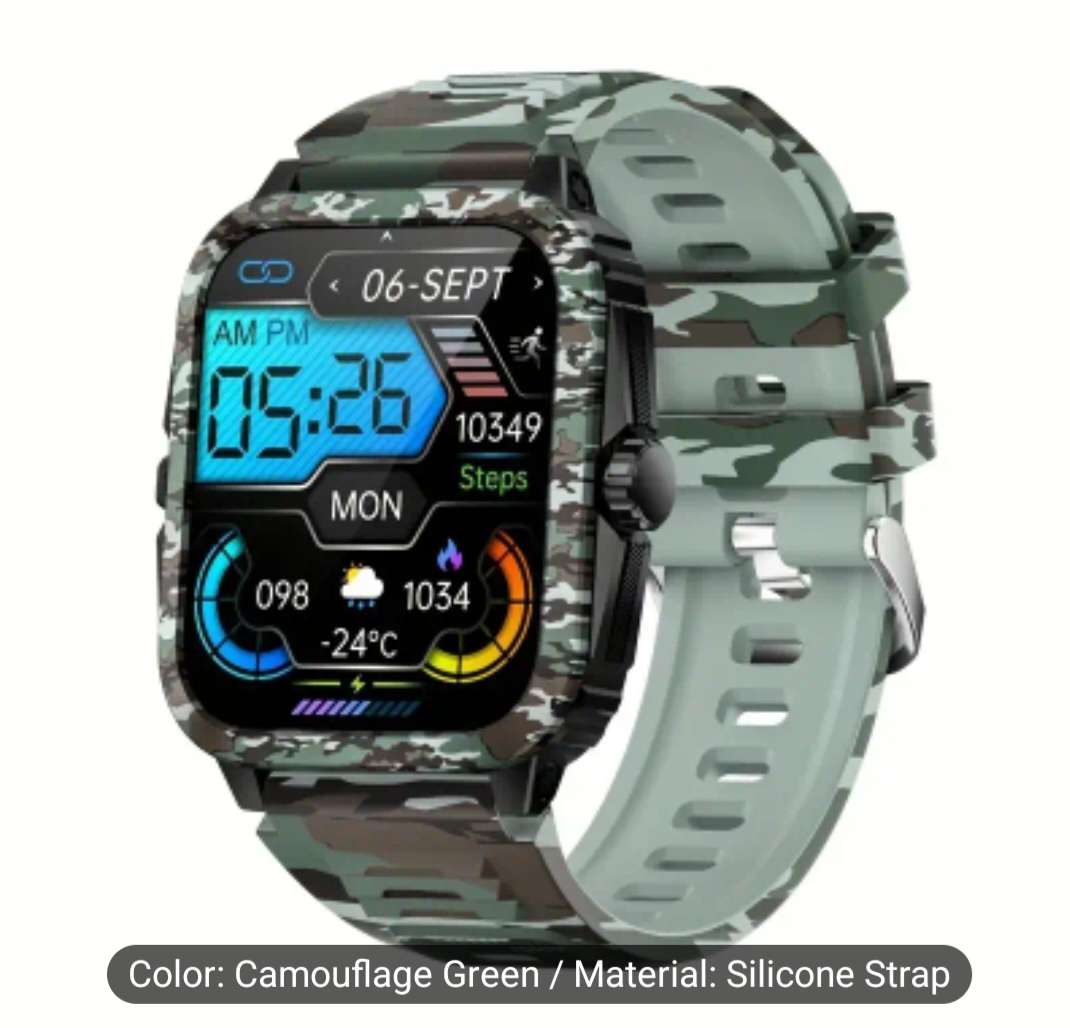 Jelloo KT71 Voice assist Green camouflage rugged smart watch