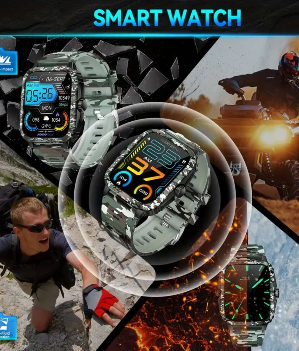 Jelloo KT71 Voice assist Green camouflage rugged smart watch