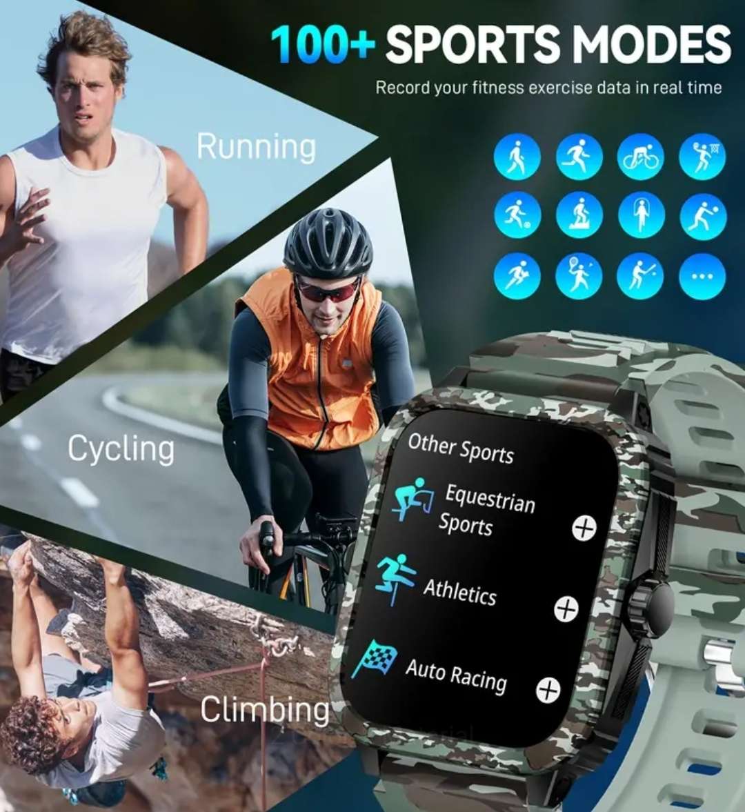 Jelloo KT71 Voice assist Green camouflage rugged smart watch