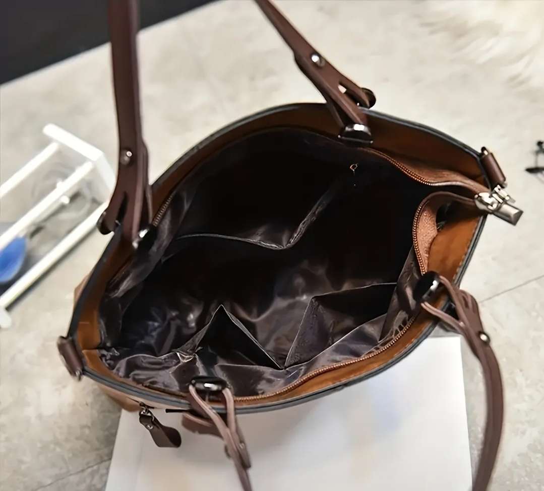 Coffee brown synthetic suade leather tote bag