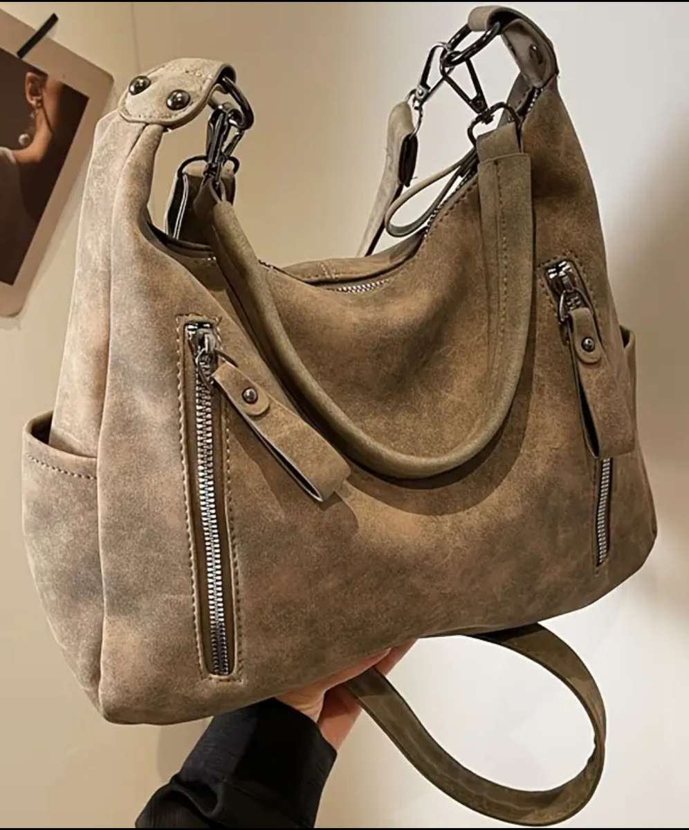 Khaki soft PU leather shoulder sling handbag