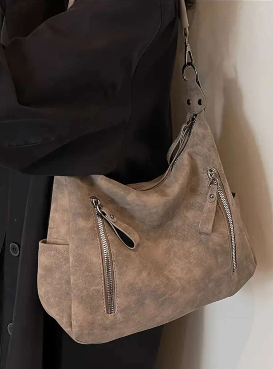 Khaki soft PU leather shoulder sling handbag