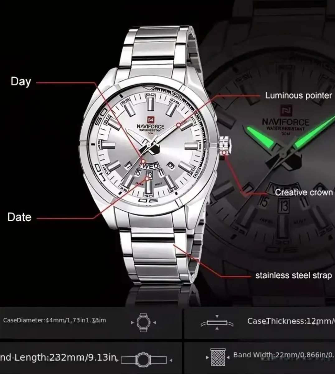 Branded authentic Naviforce watch - Full stainless steel and waterproof