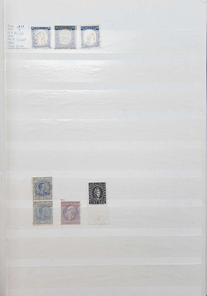Stock Book: Blue with 23 White Pages/ 46 Sides: Used/MM Italy 1855-1998 (Great finds possible)