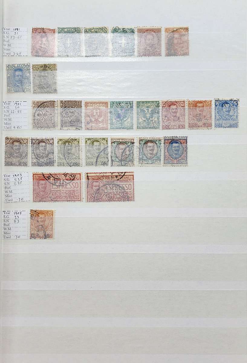 Stock Book: Blue with 23 White Pages/ 46 Sides: Used/MM Italy 1855-1998 (Great finds possible)