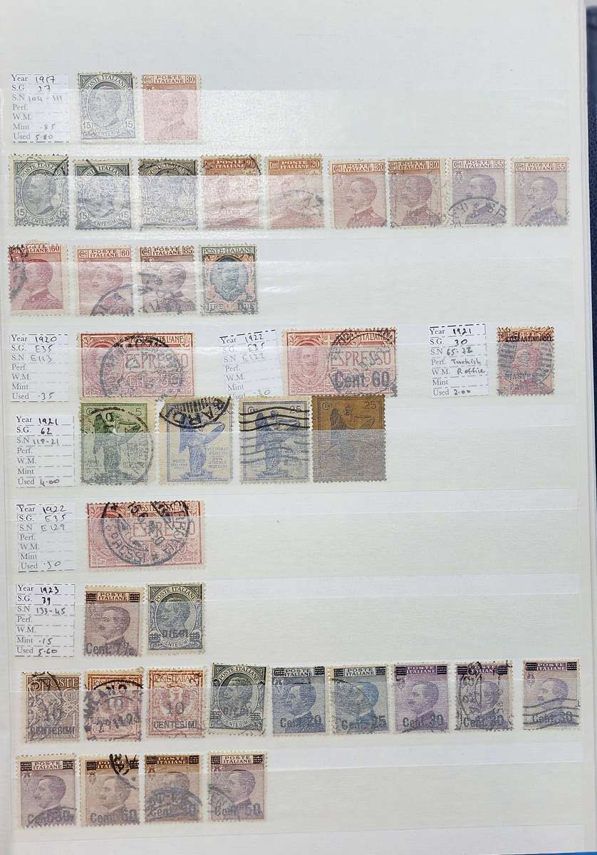 Stock Book: Blue with 23 White Pages/ 46 Sides: Used/MM Italy 1855-1998 (Great finds possible)