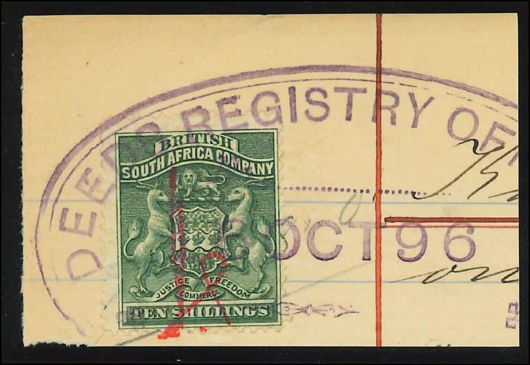BSAC 1892 Ten Shillings (SACC 9) Fiscally Used on Piece: CV for normally used - R 3000