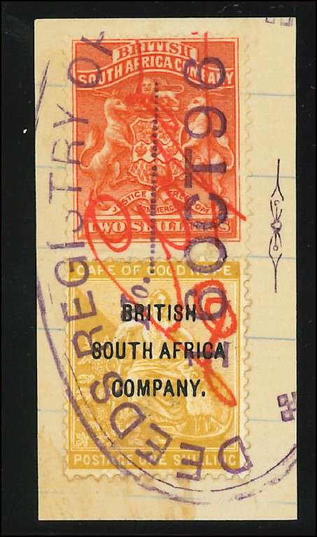 BSAC 1892 Two Shillings (SACC 5) and One Shilling (SACC 57) on piece - fiscally used: CV R 4 600