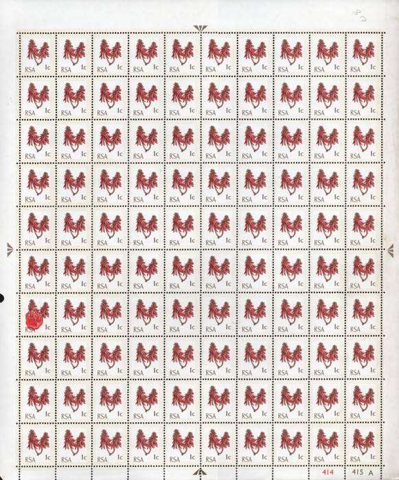 RSA 1970: Def. Issue 1c UMM Full Sheet (100) with Very Rare Red Paint Blob: SACC 288a