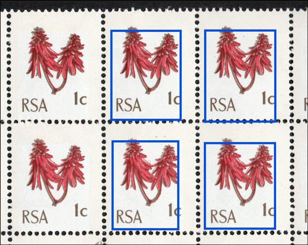 RSA 1969: Def. Issue 1c MM Block of 20 with Ink Flaw in Margin and Phosphor Band Shift: SACC 288