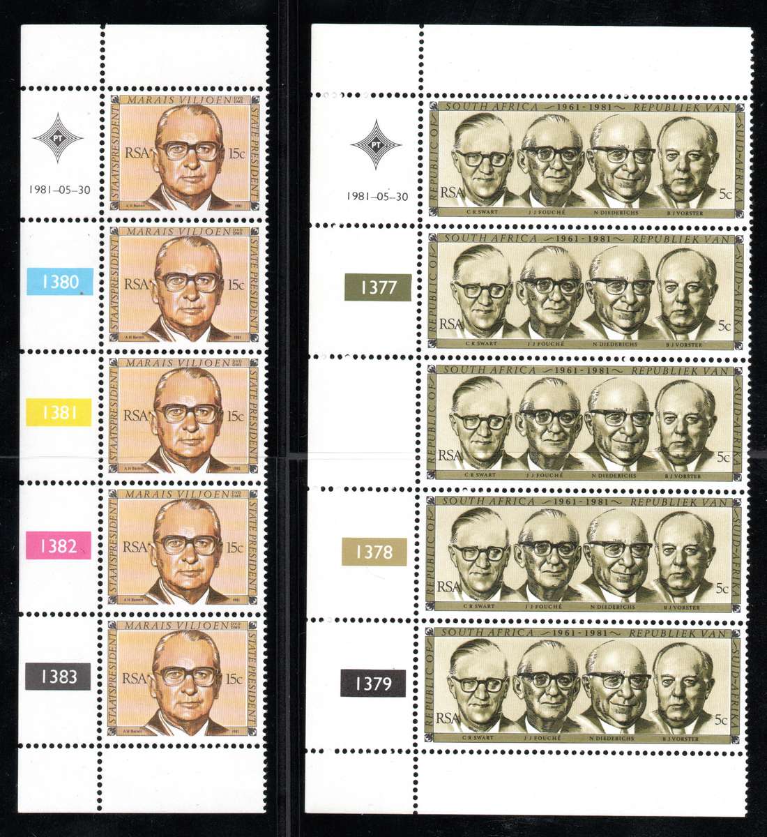 South Africa - 1981 - Republic Festival Control Strips of Five - UMM**  (SACC 497-498)