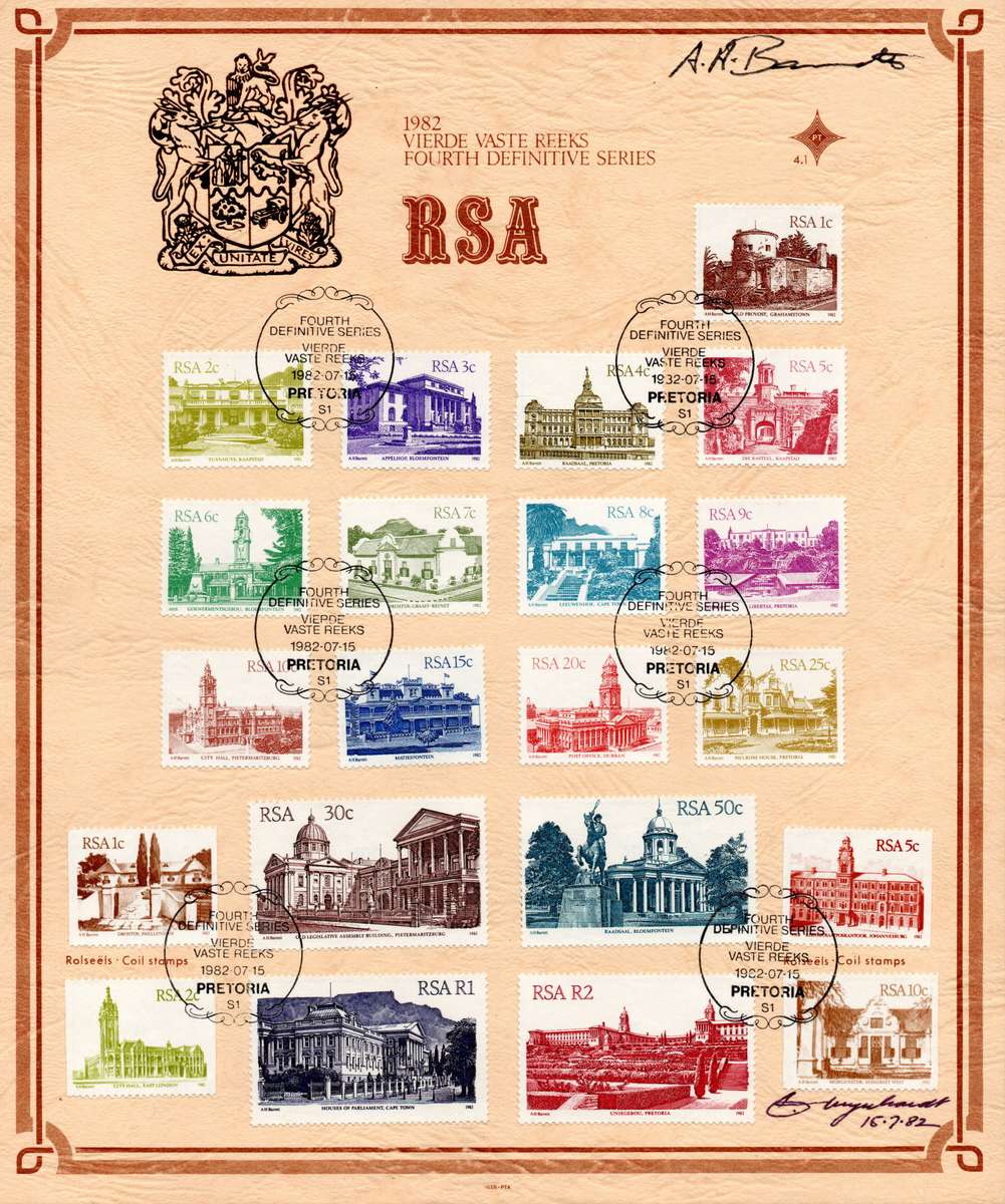 RSA 1982: 4th Definitive Issue SA Architecture - Scarce First Day Card signed by Designer AH Barrett