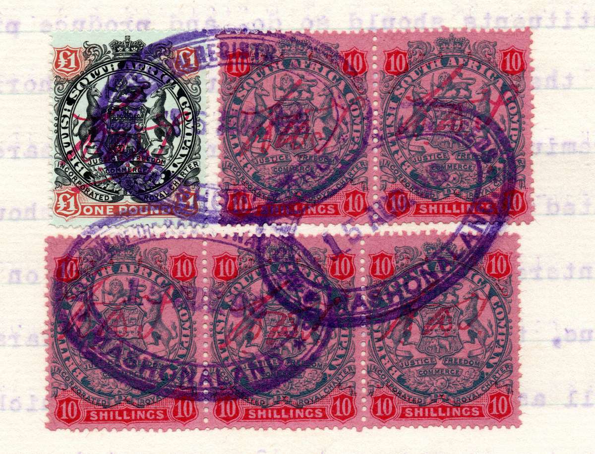 BSAC 1896 - 1897: £ 1 (SACC 65) & 5 x Ten Shillings (SACC 47): Fiscally Used on Document (*Scarce*)