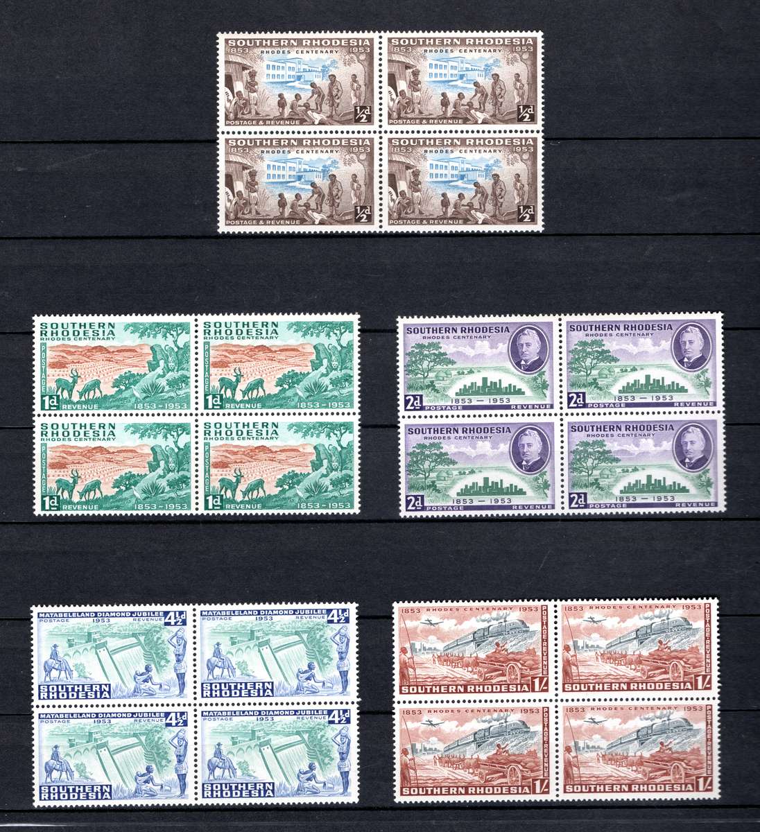 Southern Rhodesia 1953: Birth Centenary of Rhodes: UMM Blocks of Four: SACC 73-77