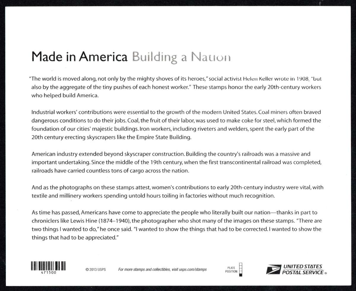 USA 2013: Building a Nation Self Adhesive Forever Stamp Sheet: UMM