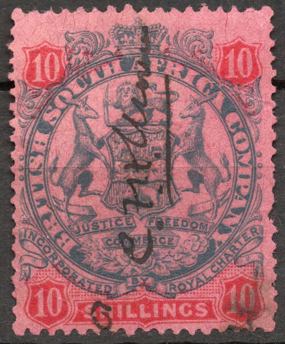 Rhodesia BSAC 1897: 10S Slate and Vermillion on Rose Paper - Fiscally Used: SACC 47 - High CV!