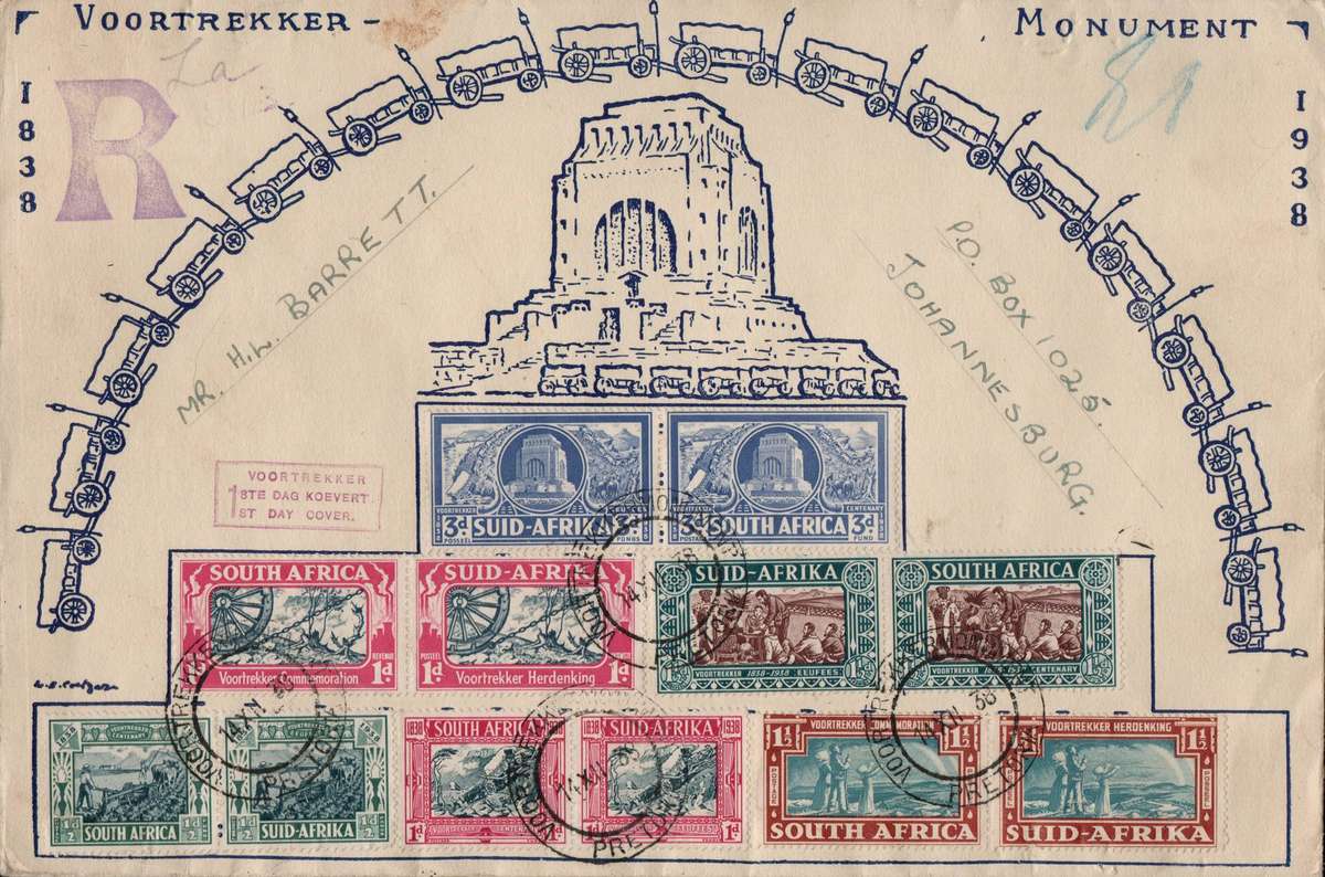 Union of SA 1938: Voortrekkers Illustrated FDC with both sets: Well used with Clear Postmarks: Rare!