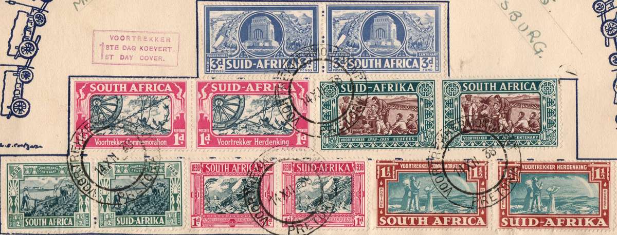 Union of SA 1938: Voortrekkers Illustrated FDC with both sets: Well used with Clear Postmarks: Rare!
