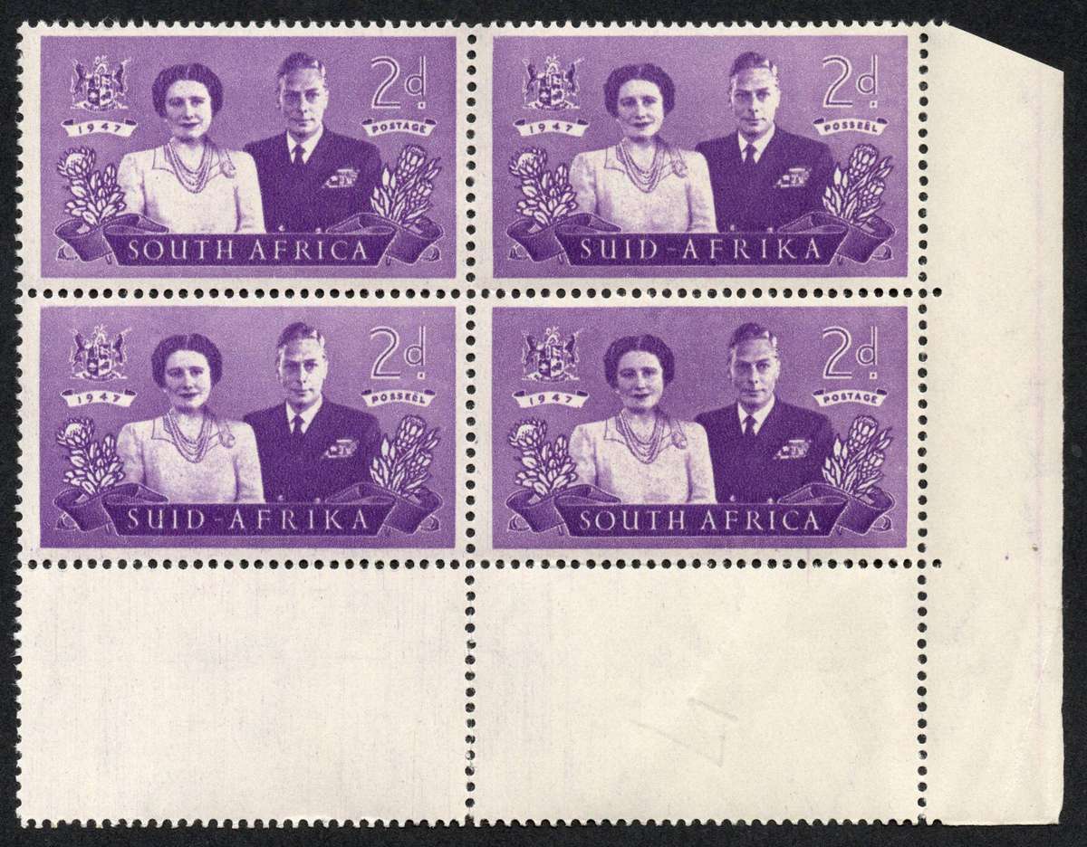 Union of SA 1947: Royal Visit: UMM Blocks - Full Set with "Black-Eye" Flaw on 3d: SACC 110-112+ 112a