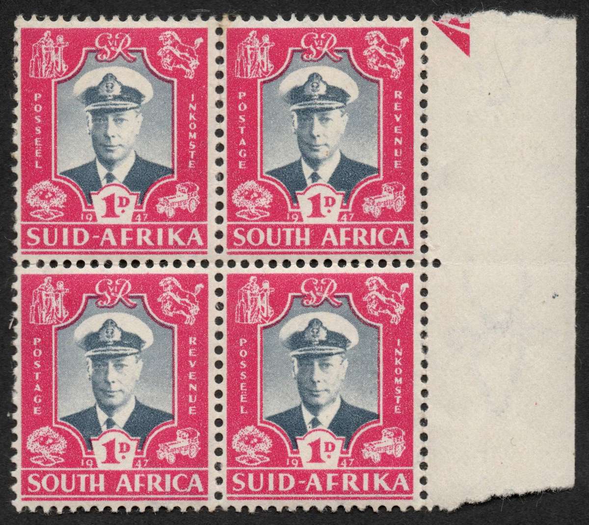 Union of SA 1947: Royal Visit: UMM Blocks - Full Set with "Black-Eye" Flaw on 3d: SACC 110-112+ 112a
