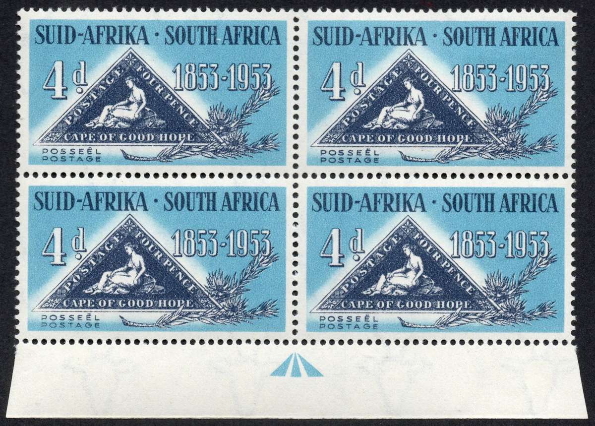 Union of SA 1953: Centenary of Cape Triangle UMM Block with Rare "Broken Knee" Variety: SACC 144a