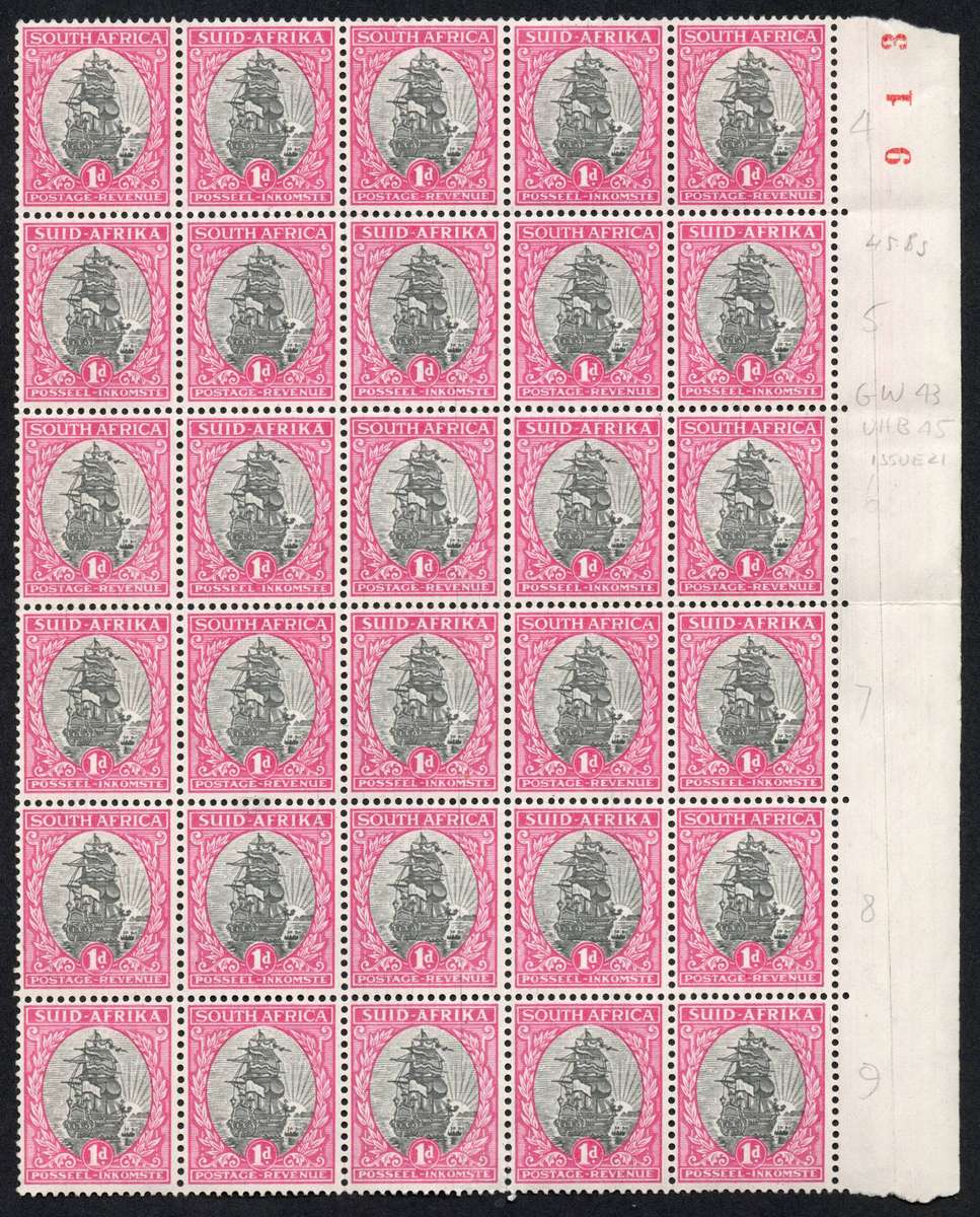 Union of SA 1950: Def. Issue 1d Block of 30 UMM with Blade line Flaw: SACC 114 @CV R 1000