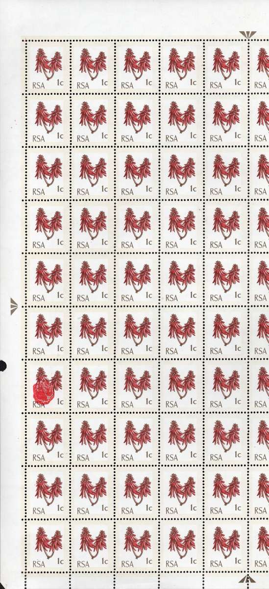 RSA 1970: Def. Issue 1c UMM Full Sheet (100) with Very Rare Red Paint Blob: SACC 288a