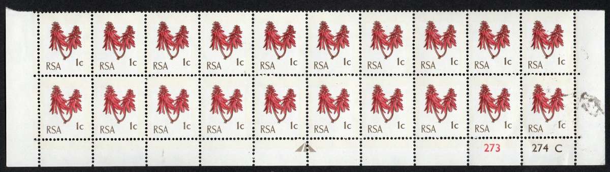 RSA 1969: Def. Issue 1c MM Block of 20 with Ink Flaw in Margin and Phosphor Band Shift: SACC 288