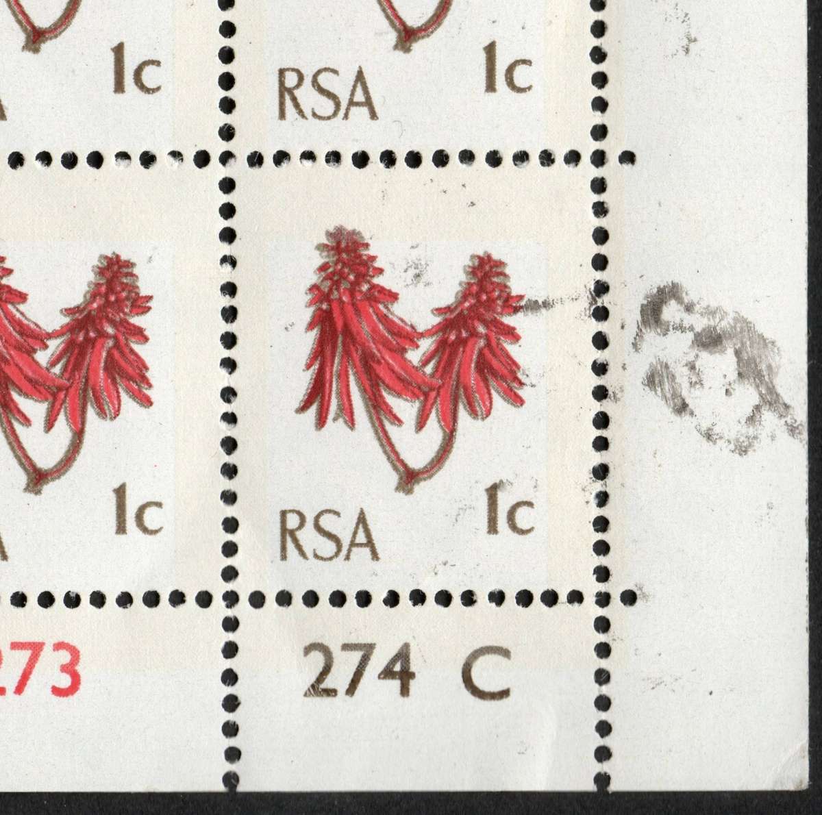 RSA 1969: Def. Issue 1c MM Block of 20 with Ink Flaw in Margin and Phosphor Band Shift: SACC 288