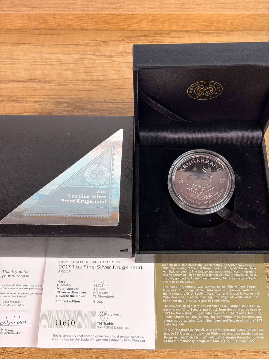 2017 1oz Fine Silver Proof Krugerrand  50th Anniversary Edition | Complete with Box & COA
