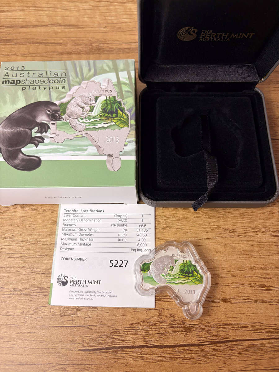 2013 Australia Platypus Map-Shaped Coin 1ozt Fine 999 Silver Box & COA Colorized