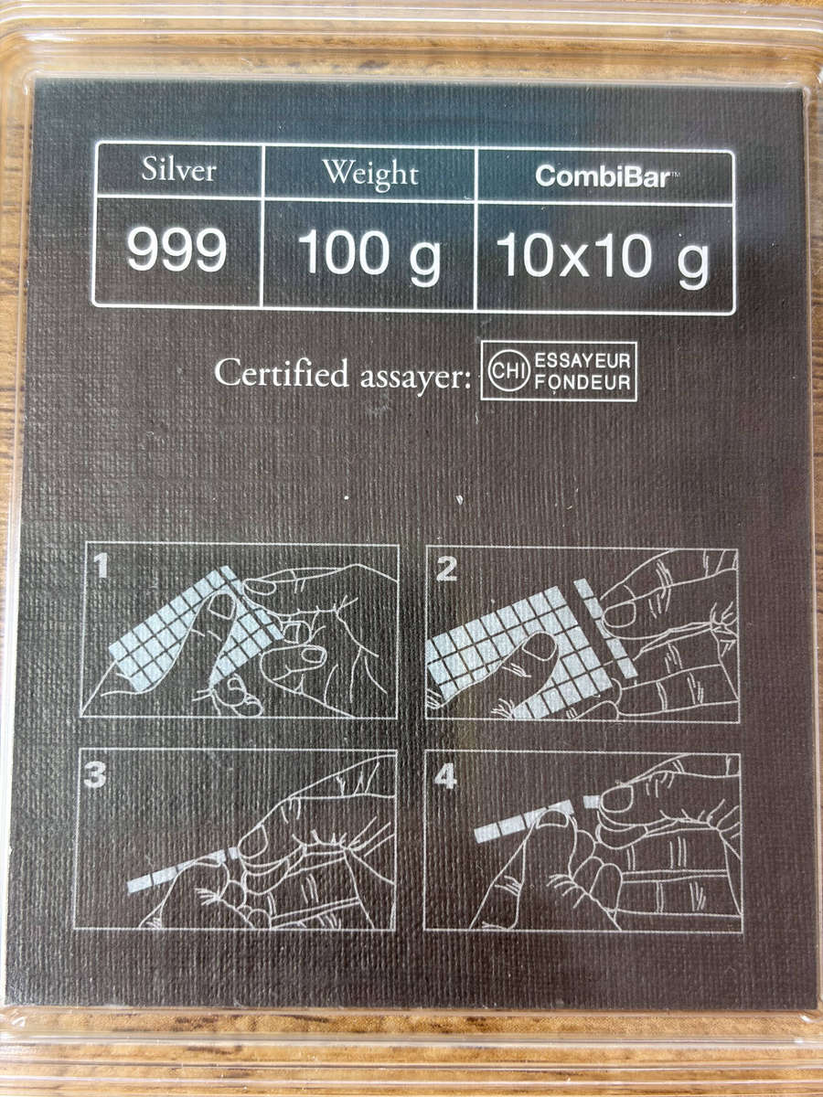 100 Gram Valcambi Silver CombiBar (10x10g w/ Assay)