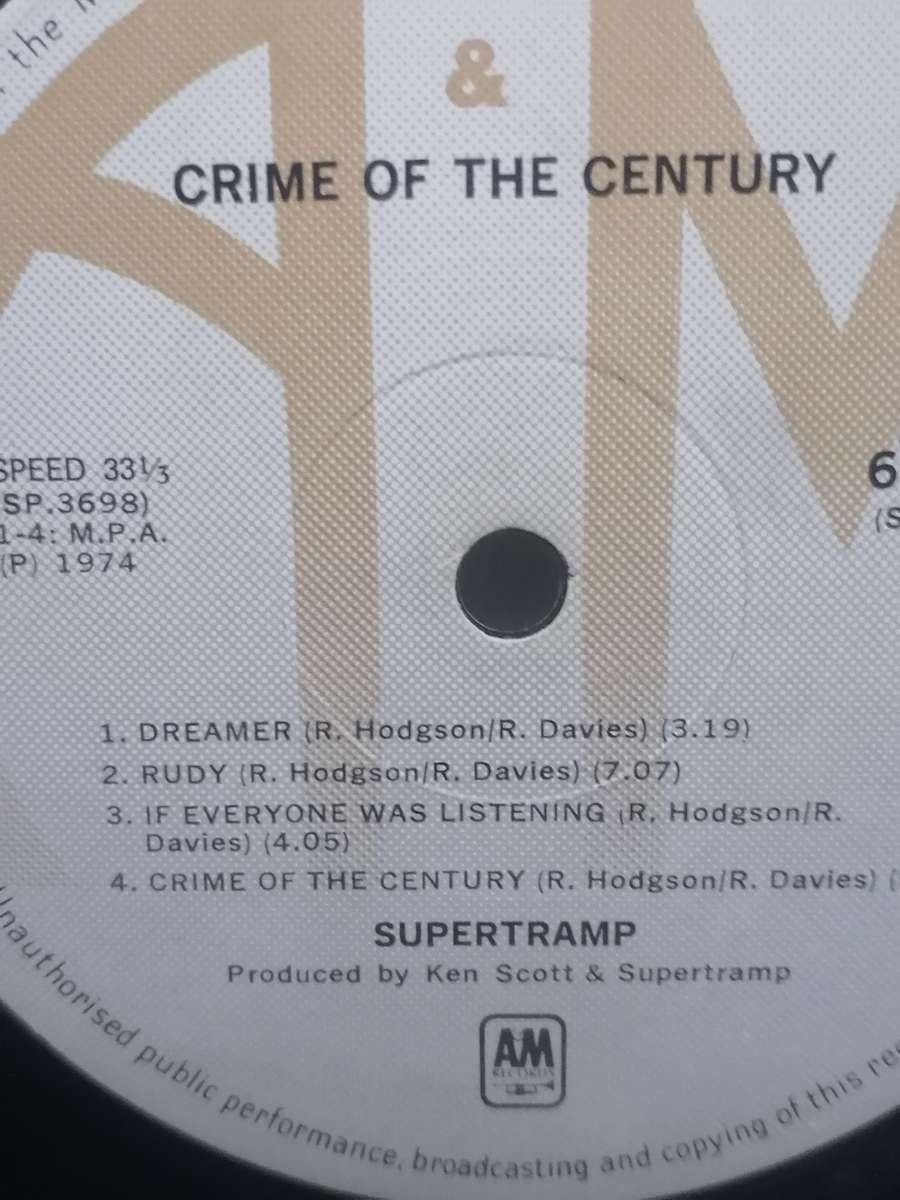 SUPERTRAMP (CRIME OF THE CENTURY) - VINYL IN VERY GOOD  COND. - SEE BELOW FOR INFO.