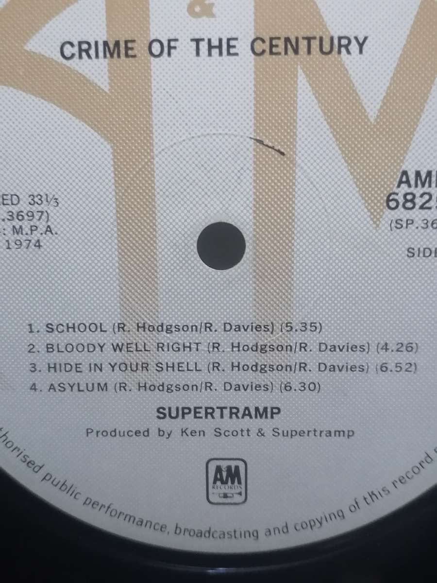 SUPERTRAMP (CRIME OF THE CENTURY) - VINYL IN VERY GOOD  COND. - SEE BELOW FOR INFO.