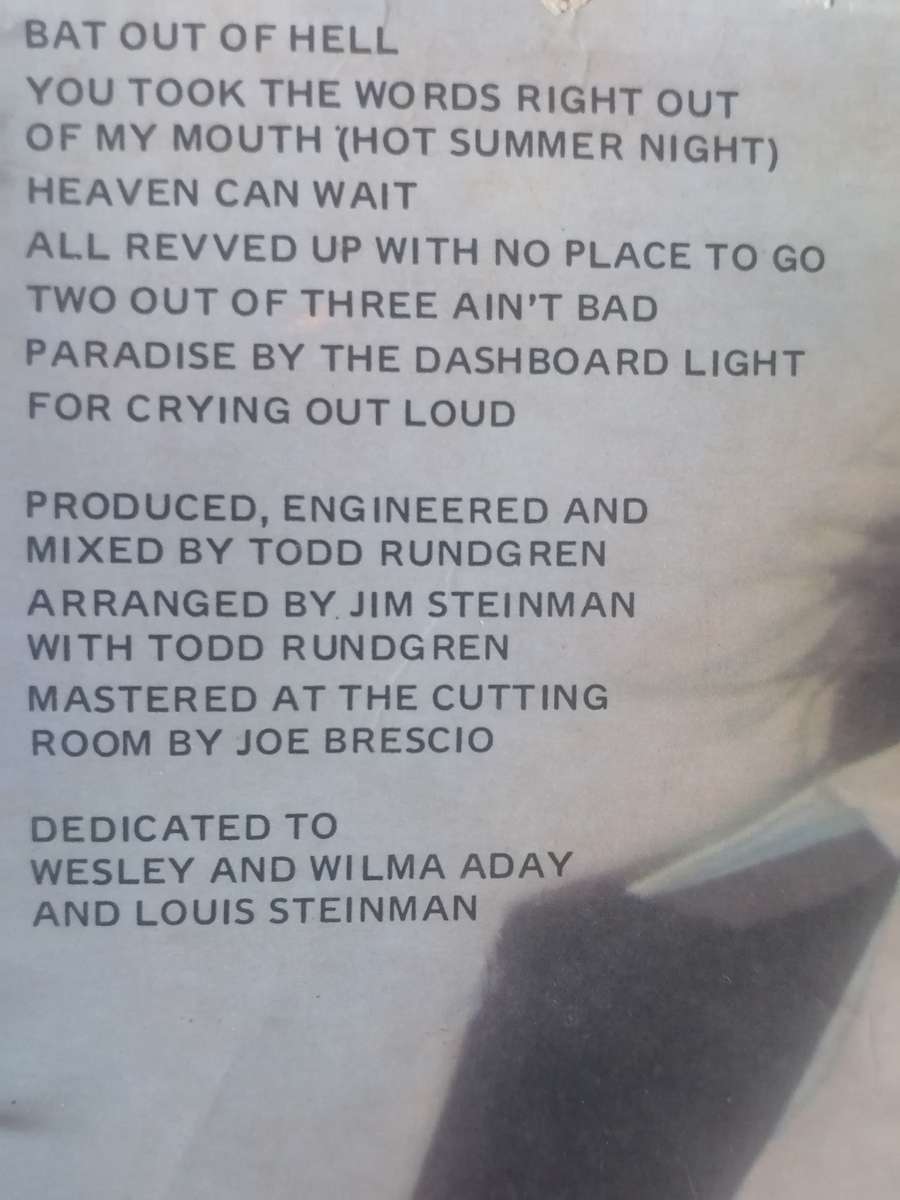 MEAT LOAF (BAT OUT OF HELL) - VINYL IN GOOD COND. - SEE BELOW FOR INFO.