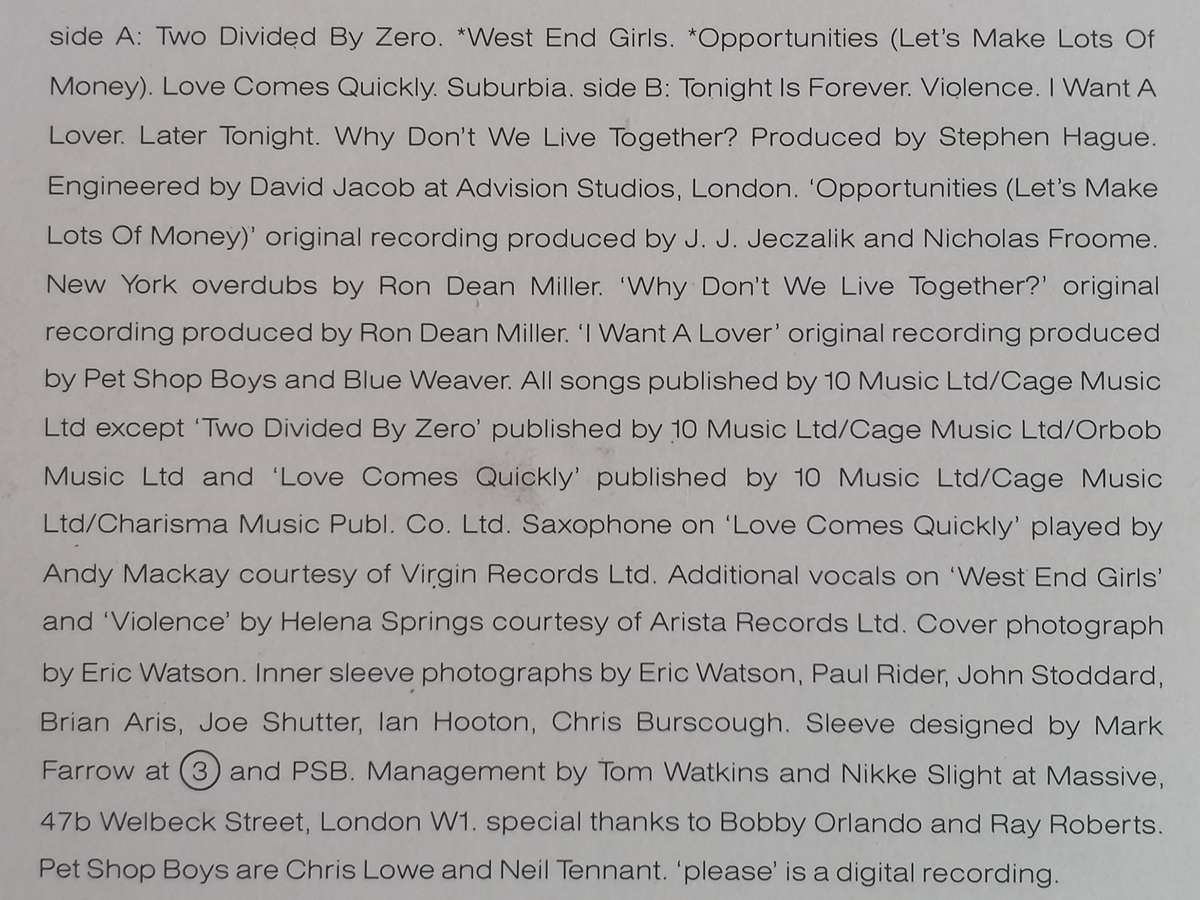 PET SHOP BOYS (PLEASE) - VINYL IN VERY GOOD COND. - SEE BELOW FOR INFO.