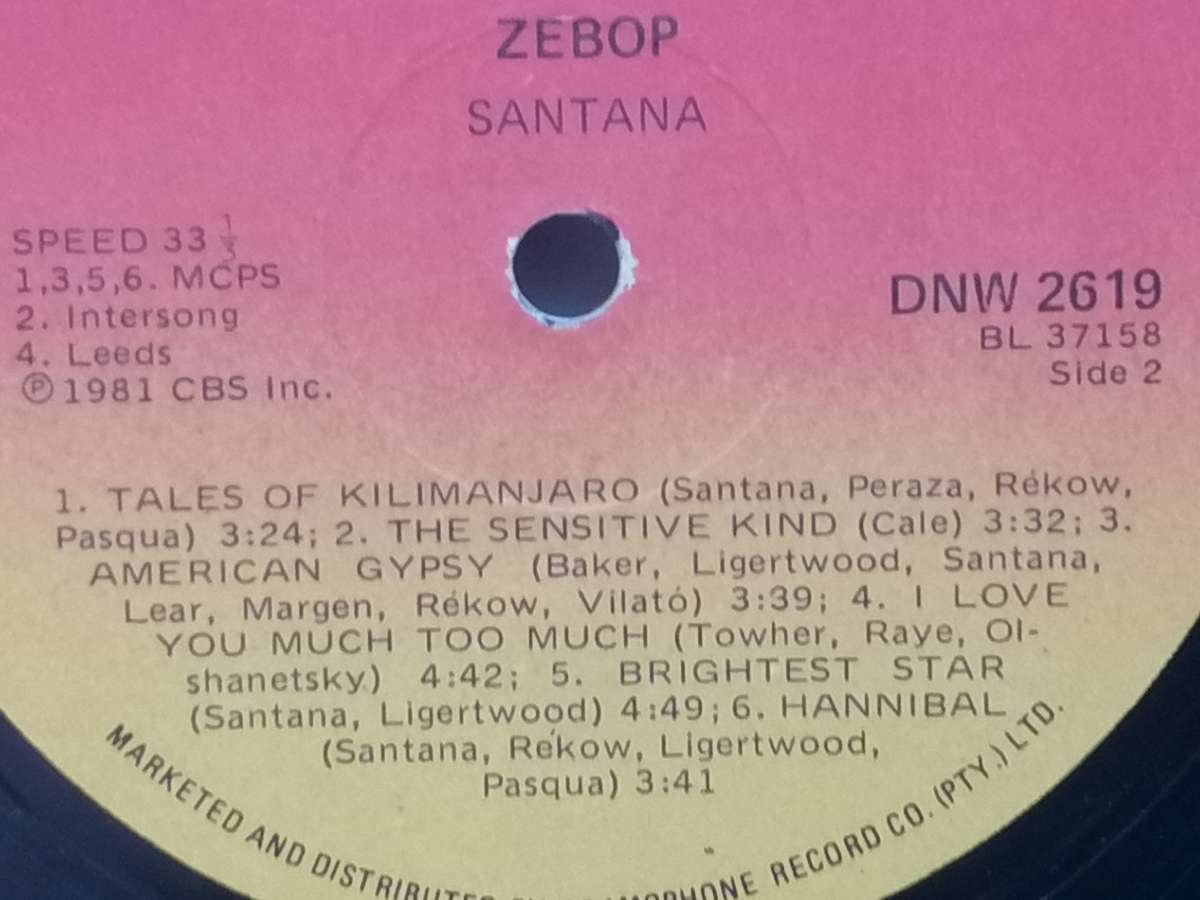 CARLOS SANTANA (ZEBOP) - VINYL IN VERY GOOD COND. - SEE BELOW FOR INFO.