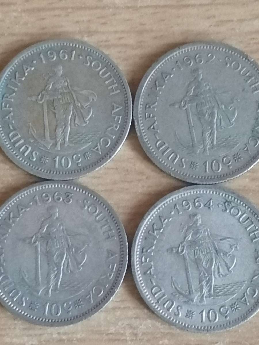 SA UNION SILVER COINS - SET OF 4x 10 CENTS (1961 - 1964) - USED CONDITION - SEE BELOW FOR INFO.